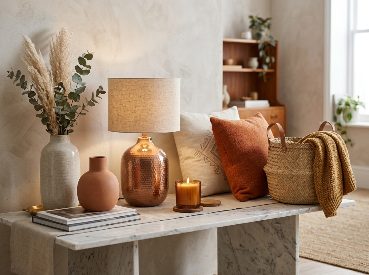 Set de accesorios decorativos con jarrones cerámicos y lámpara de cobre