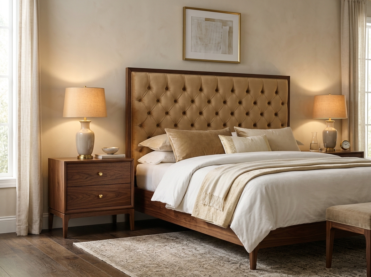 Cama doble con cabecero tapizado en terciopelo camel y mesas de noche - Alcoba Capri