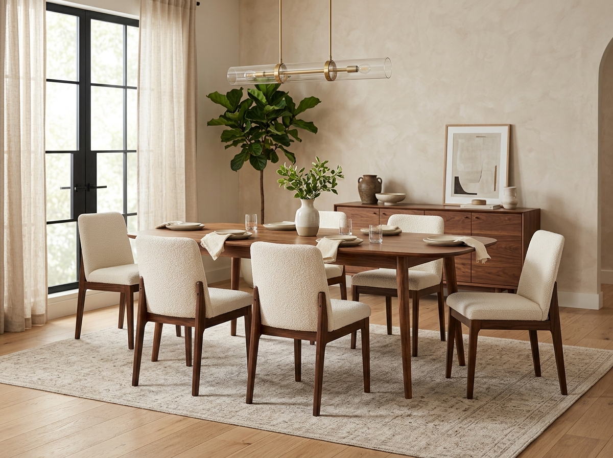 Comedor 6 puestos en madera nogal con sillas tapizadas crema - Oslo