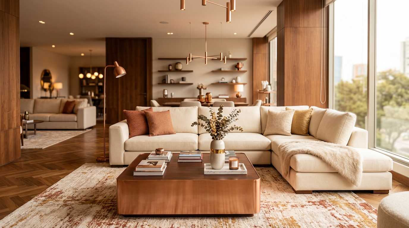 Showroom de lujo Muebles Comercici - Sala amueblada con tonos cálidos de madera y cobre