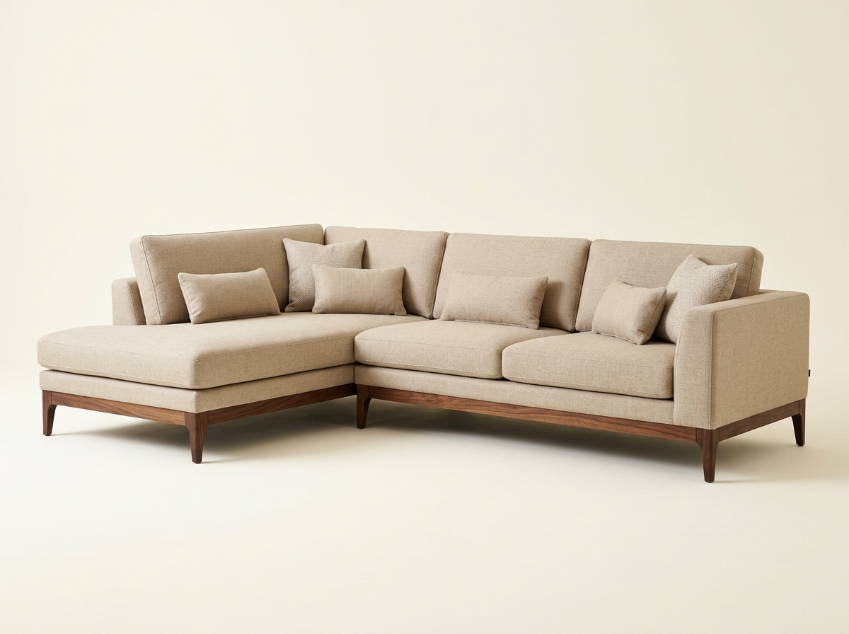 Sofá seccional beige con madera de nogal - Sala Moderna Santorini